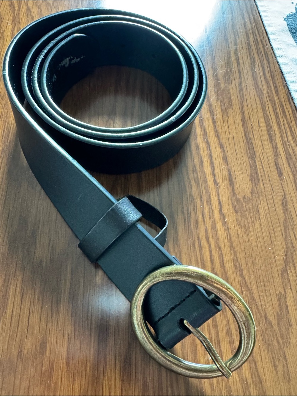 Aritzia Black Leather Belt with Brass Oval Buckle